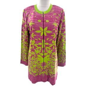 Misook floral leaf long cardigan pink green sz M